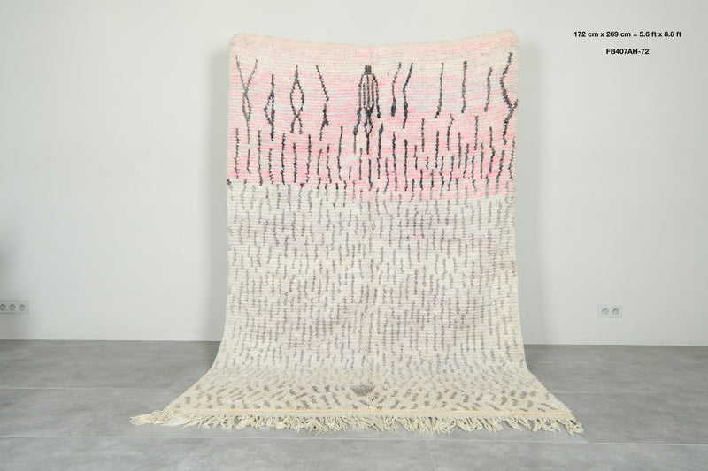 Beige & pink Moroccan rug with black geometric design - 5.6 ft x 8.8 ft