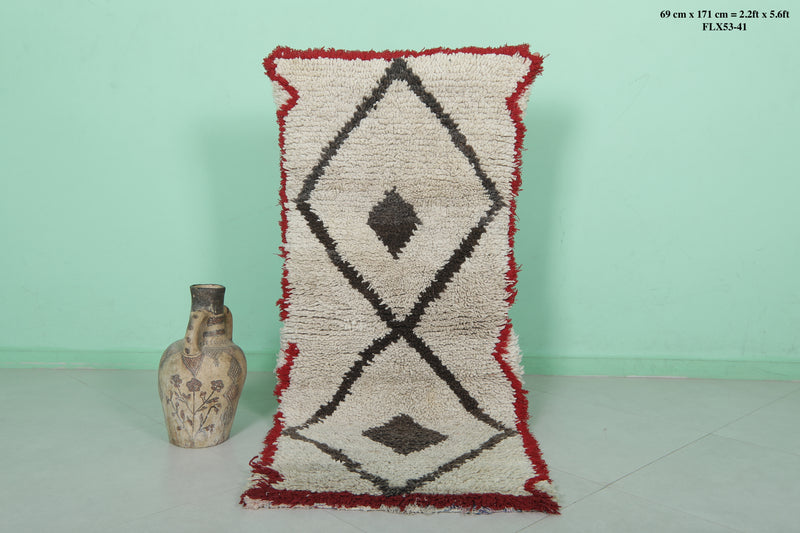 Moroccan Rug - Geometric Design with Red Border 2.2ft x 5.6ft | Handmade - moroccan rug