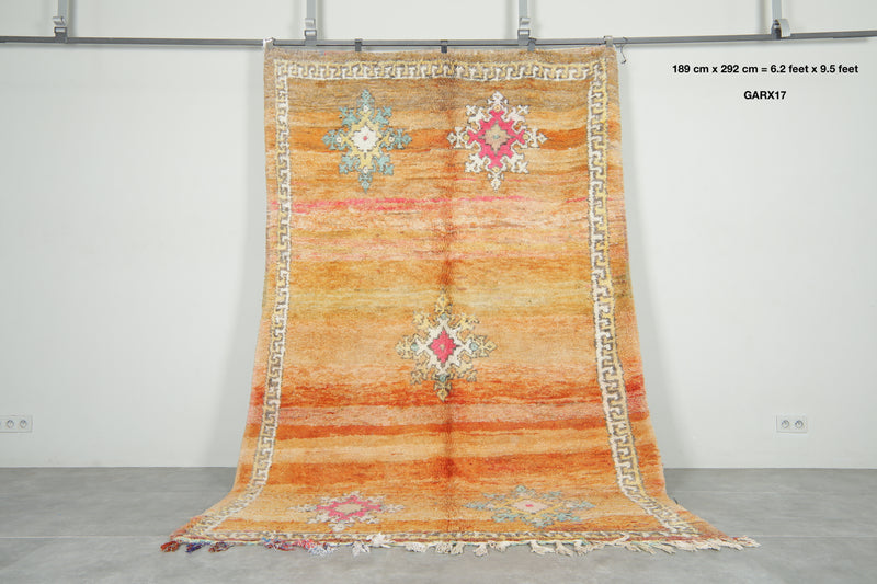 Orange Moroccan boucherouite rug - 6.2 feet x 9.5 feet - Handmade wool rug - Boucherouite rug