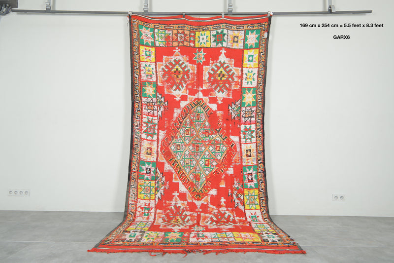 Red and multicolor geometric moroccan rug 5.5 ft x 8.3 ft  - Handmade