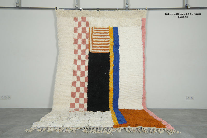 Moroccan Wool Rug 6.6 x 10.6 ft – Handmade Berber Carpet with Ivory Base