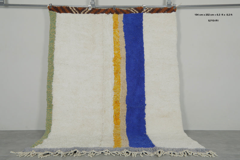 Minimalist Moroccan rug - White with blue & yellow stripes - 6.3 ft x 8.2 ft