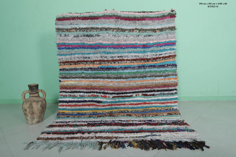 Moroccan Boucherouite Rug - 4.9x6 ft | Handwoven Striped Design - Boucherouite rug