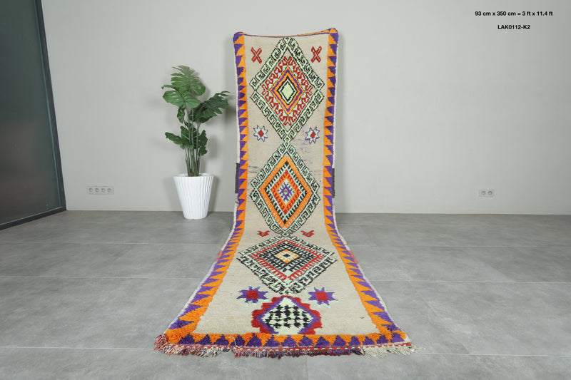 Vibrant Moroccan runner rug with bold geometric diamond - 3 ft x 11.4 ft