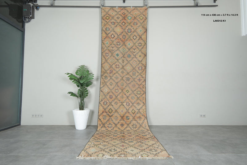 Beige runner Moroccan rug with geometric rug - 3.7 ft x 14.3 ft