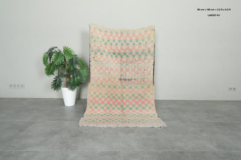 Beige Moroccan rug with pink & green checkered design - 3.2 ft x 5.5 ft