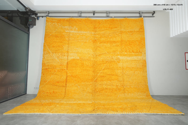 Handmade yellow Moroccan rug - Minimalist carpet - 13 ft x 13.6 ft