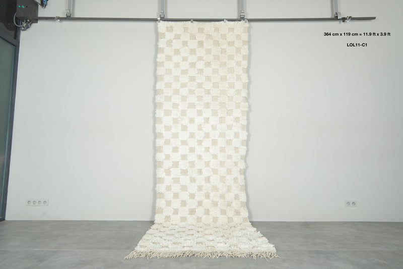 White and beige checkered Moroccan runner rug - 11.9 ft x 3.9 ft