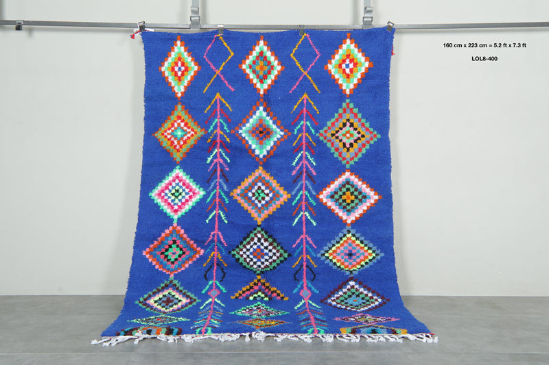 Handmade blue Moroccan rug with multicolor diamond tribal patterns - 5.2 ft x 7.3 ft