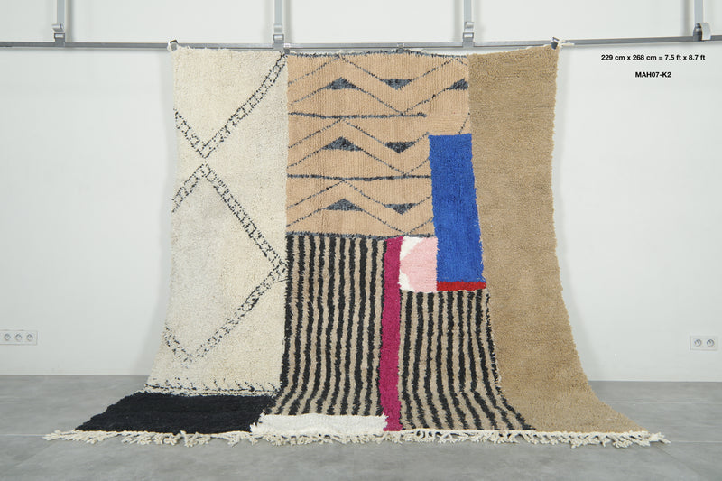 Moroccan Wool Rug 7.5 x 8.7 ft – Handmade Berber Carpet with Ivory, Beige, Black Stripes, Blue Panel & Geometric Tribal Design