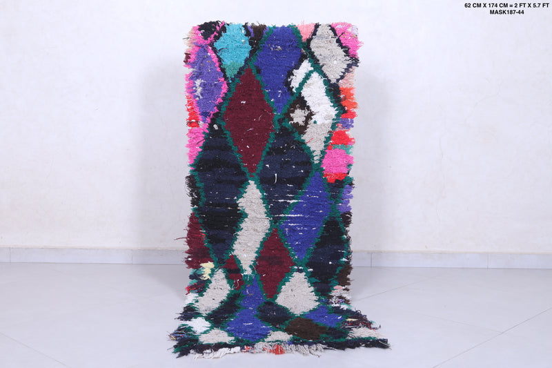 Moroccan Berber Rug – 2 x 5.7 Feet – Bold Multicolored Diamond Design - Boucherouite Rugs