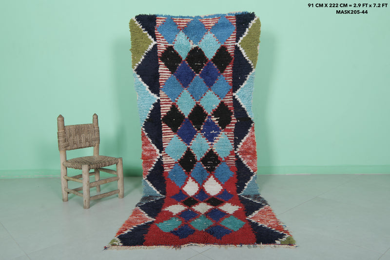Moroccan Berber Rug – 2.9 x 7.2 Feet – Bold Diamond Multicolored Design - Boucherouite Rugs