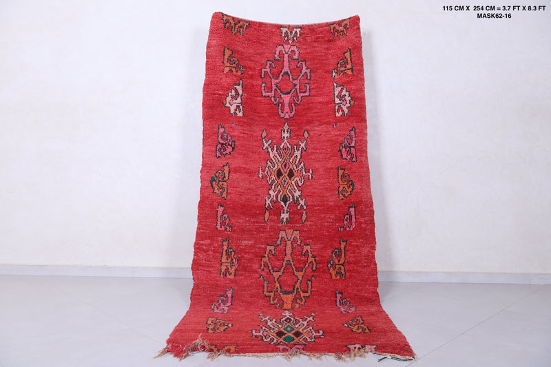 Moroccan Berber Rug - Vibrant Red - 3.7 X 8.3 Feet - Boucherouite Rugs