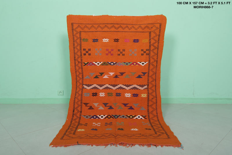Handwoven Orange Moroccan Rug 3.2 x 5.1 ft | Geometric Berber Design - moroccan rug