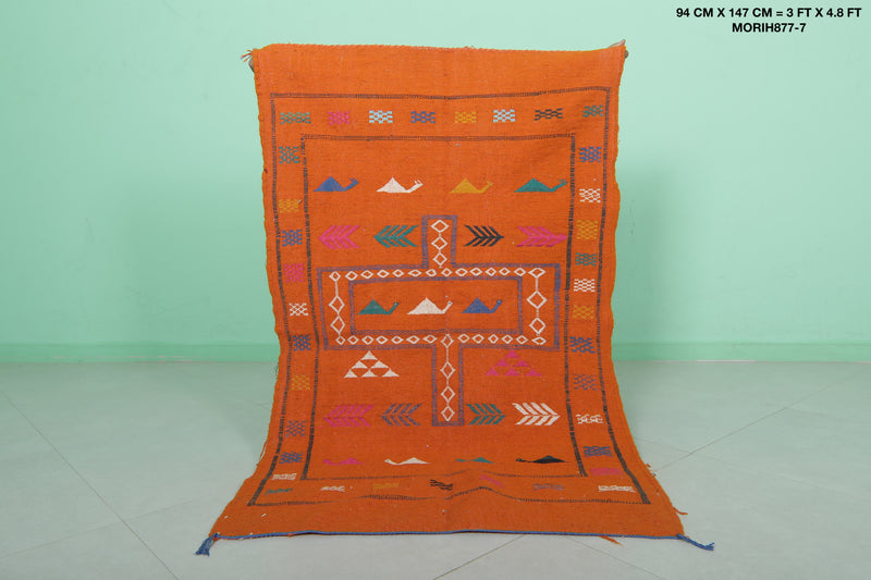 Orange Moroccan Kilim Rug - 3 FT × 4.8 FT | Handwoven Artisan Rug - Handwoven Kilim