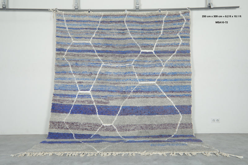 Modern handwoven Moroccan shag rug - Blue, purple, gray & white geometric design - 8.2 ft x 10.1 ft - moroccan rug