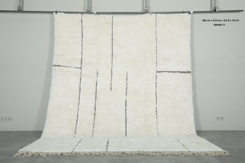 White beni ourain Moroccan rug with black geometric lines - 8.5 ft x 10.2 ft