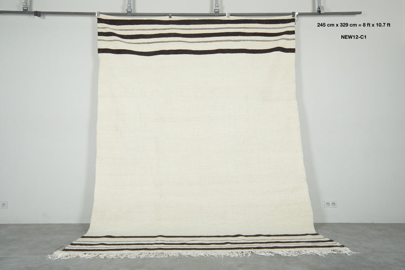 Moroccan kilim flatweave rug - Ivory with black stripes - 8 ft x 10.7 ft