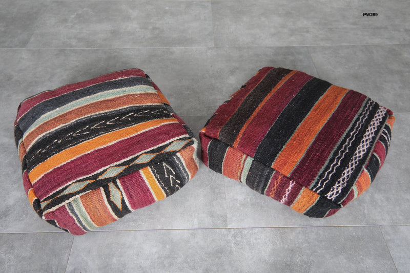 Pair of Moroccan Kilim Poufs - Handwoven Wool Floor Cushions - kilim poufs