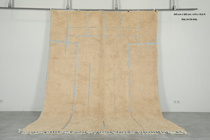 Beige Moroccan wool rug with blue lines - 8 ft x 10.5 ft