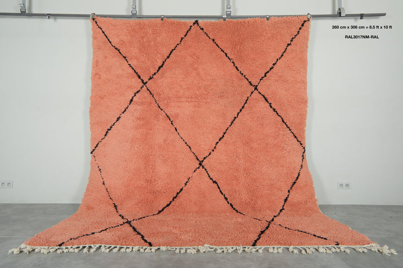 Peach Moroccan beni ourain rug with black diamond pattern - 8.5 ft x 10 ft