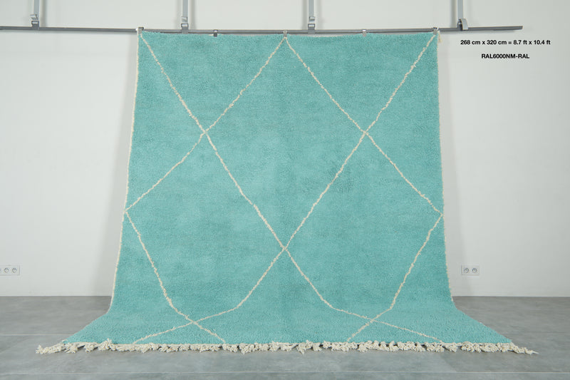 Blue Moroccan beni ourain rug with white geometric lines - 8.7 ft x 10.4 ft