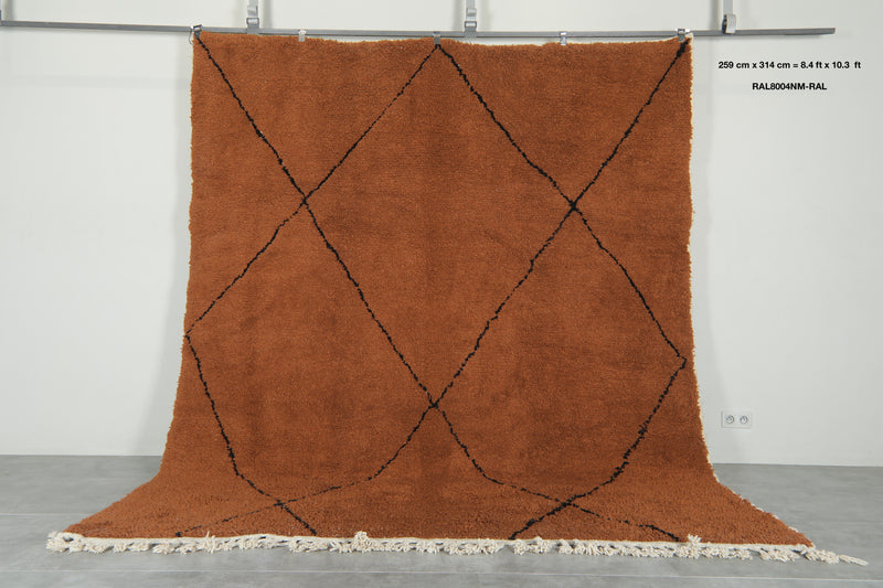 Minimalist brown Moroccan beni ourain rug - 8.4 ft x 10.3 ft