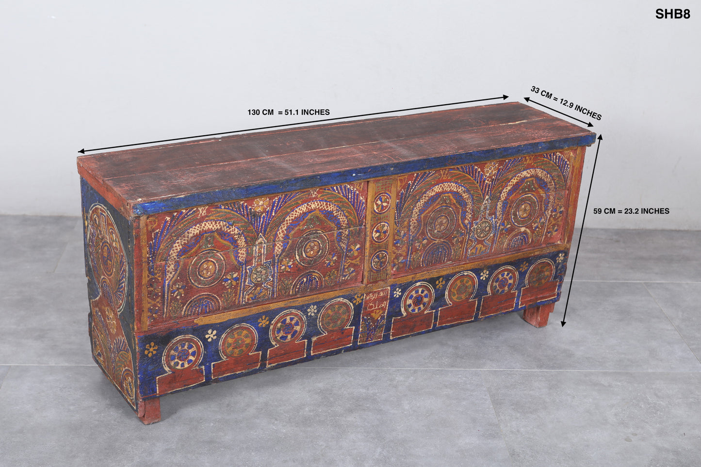 Vintage Moroccan chest  H 22.4 inches x W 51.1 inches x D 12.5 inches