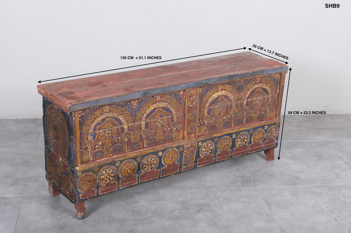 Vintage Moroccan chest  H 23.2 inches x W 51.1 inches x D 13.7 inches