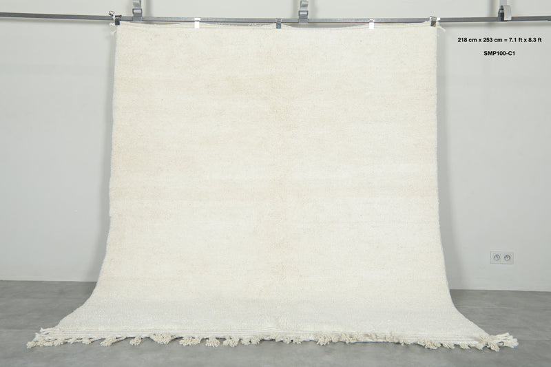 White wool rug - Minimalist handwoven Moroccan style - 7.1 ft x 8.3 ft