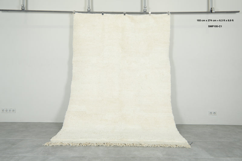 Minimalist white Moroccan wool rug - Handwoven beni ourain style - 6.3 ft x 8.9 ft