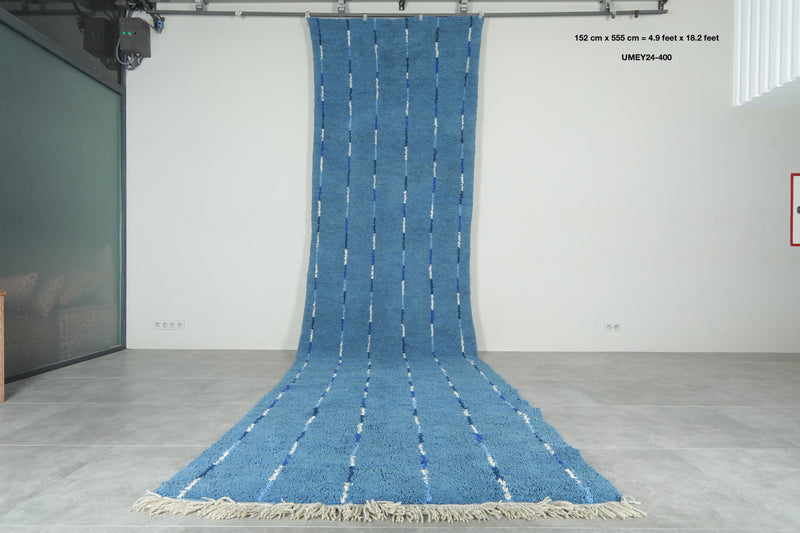 Blue Moroccan runner rug with blue and white striped - 4.9 ft x 18.2 ft