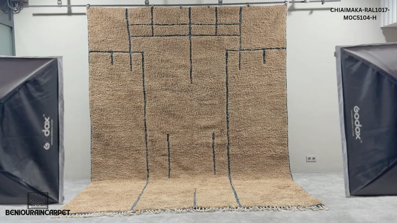 Handmade beige Moroccan rug with blue lines – Custom carpet