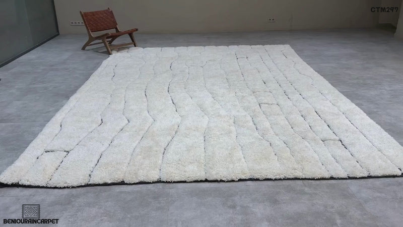 White Moroccan rug with abstract black linework - Custom rug