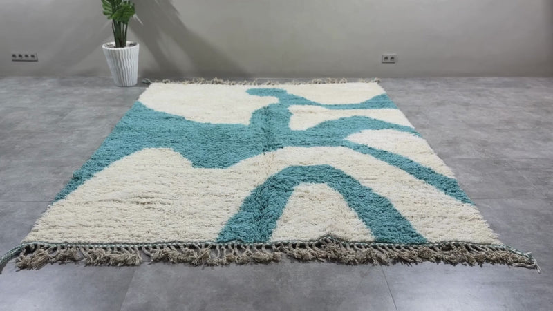 Custom Handwoven Moroccan Rug – Turquoise & Ivory Shaggy Wool Carpet