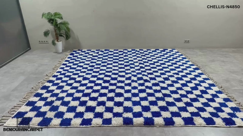 Blue & white checkered Moroccan rug - custom rug
