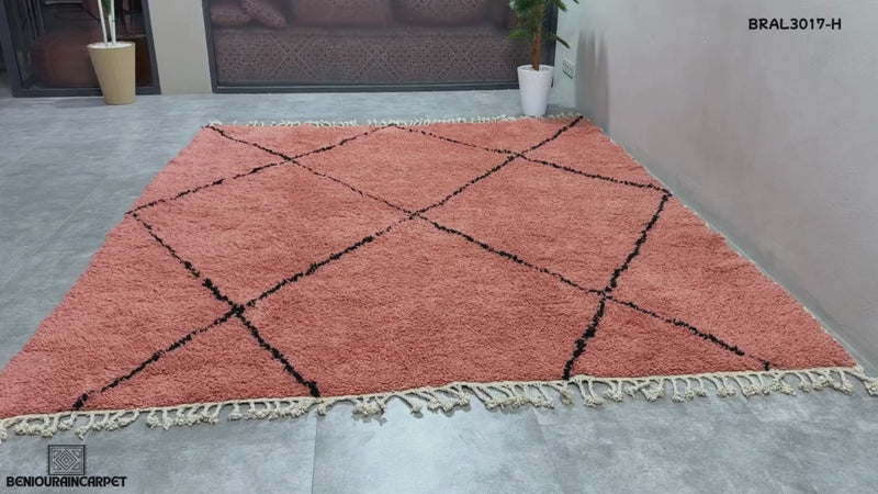 Custom peach Moroccan beni ourain rug with black diamond pattern