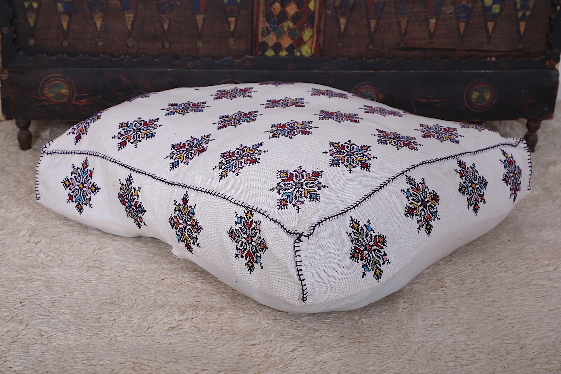 Hand Knotted Kilim old Pouf berber Ottoman