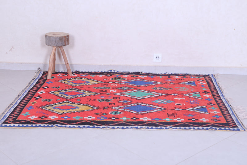Colorful Handmade Berber Red Rug - 4.6 X 5.9 Feet - Azilal rugs