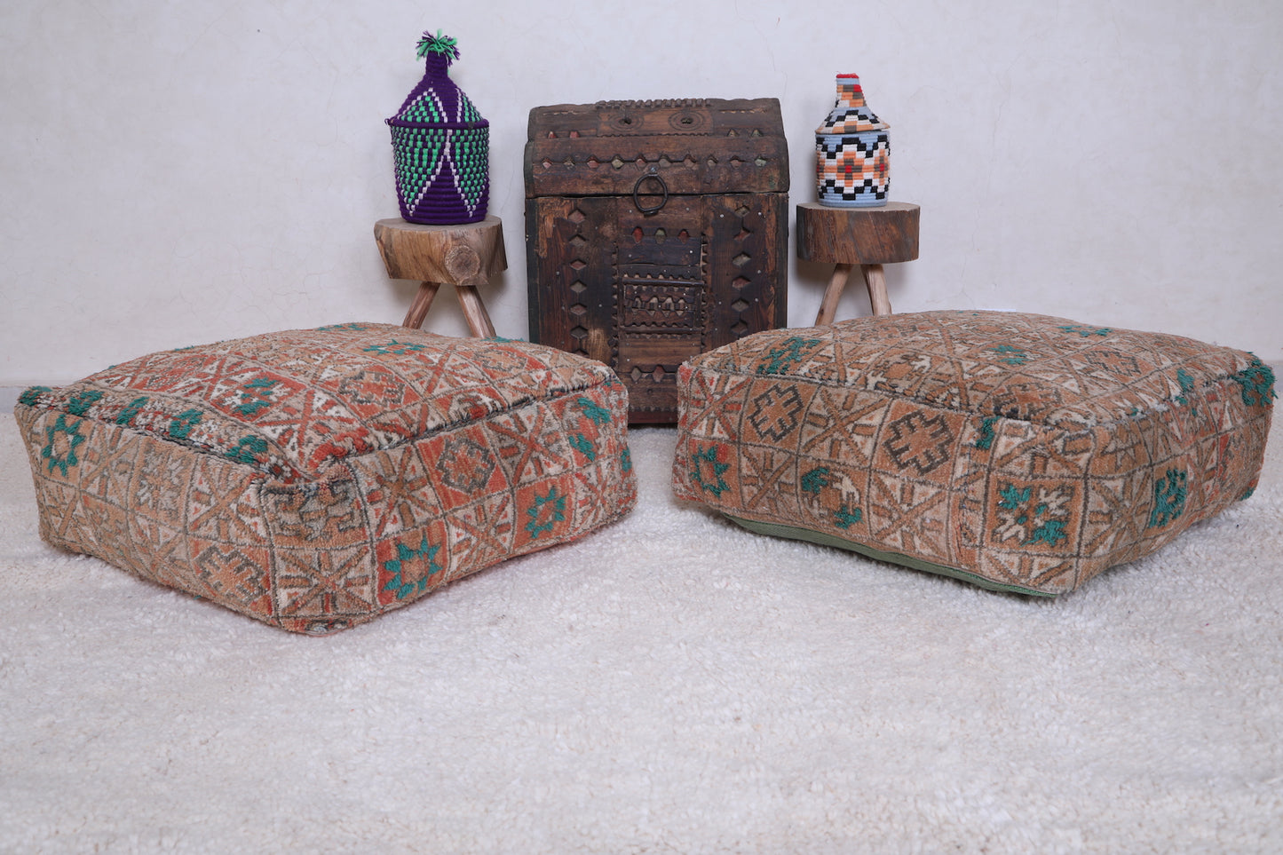 Two Moroccan berber handmade brown rug pouf
