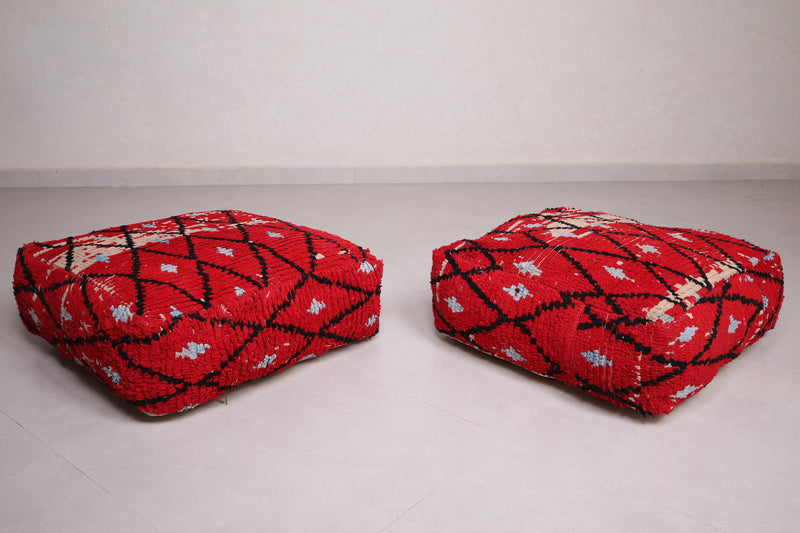 Two Ottoman Moroccan Trellis poufs in Red - Moroccan kilim pouf