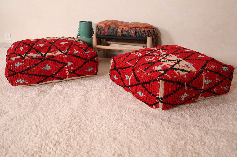 Two Ottoman Moroccan Trellis poufs in Red - Moroccan kilim pouf