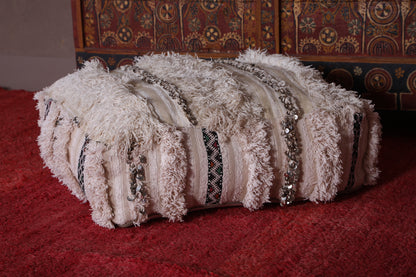 White Moroccan Shaggy Pouf berber Ottoman
