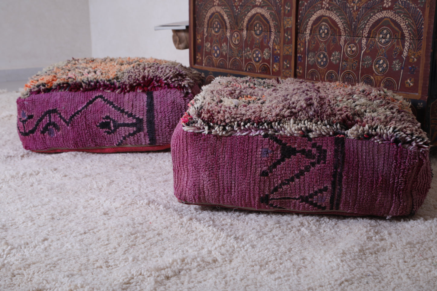 Two moroccan berber wool old rug pouf