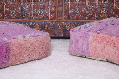 Two moroccan handmade berber old rug poufs