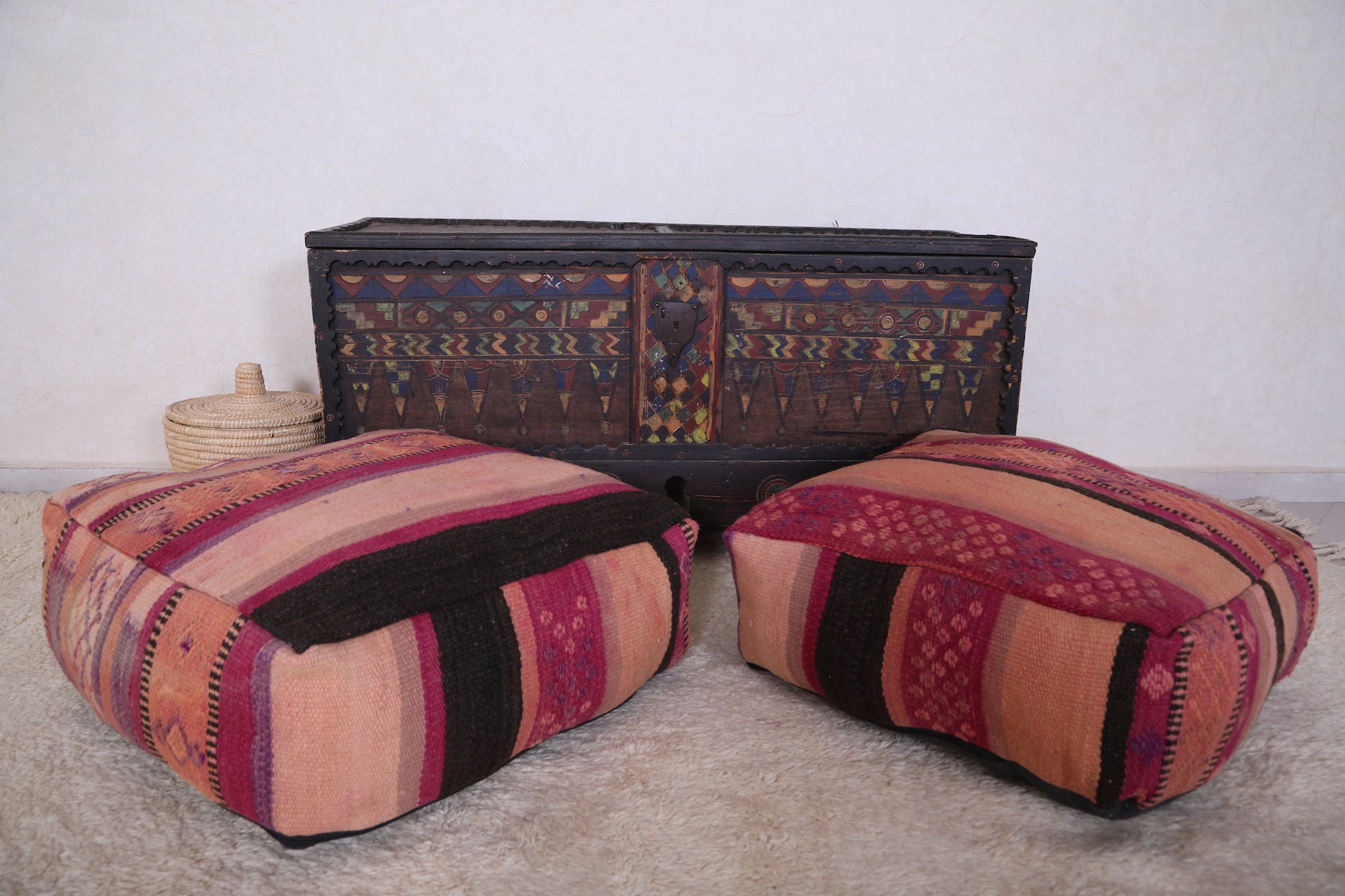 Two Moroccan Ottoman Kilim woven pouf Cushions