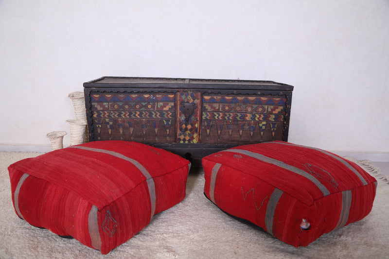 Two Moroccan Floor Poufs red Ottoman - kilim poufs