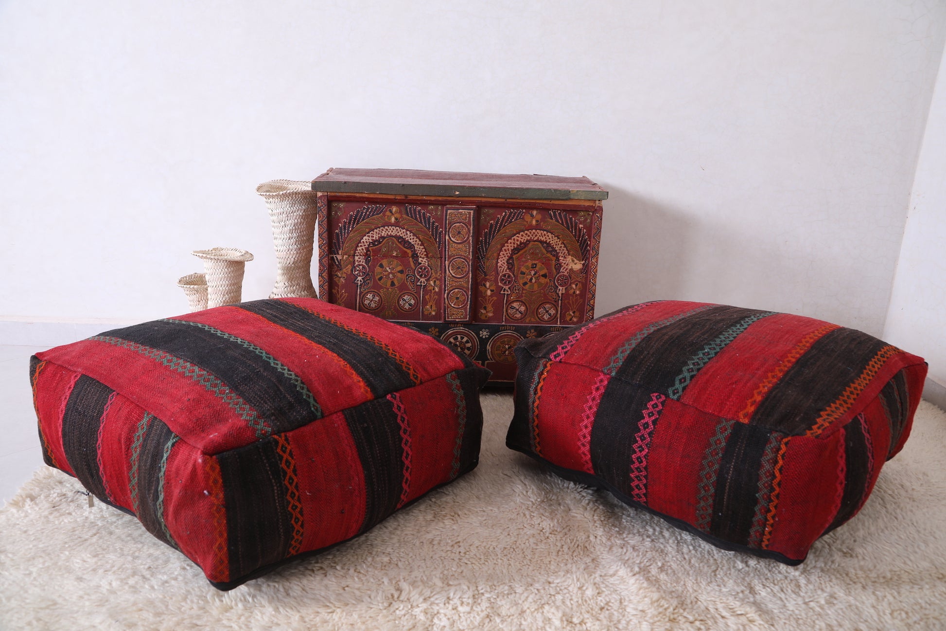 Two Dark Moroccan Ottoman Poufs for living room