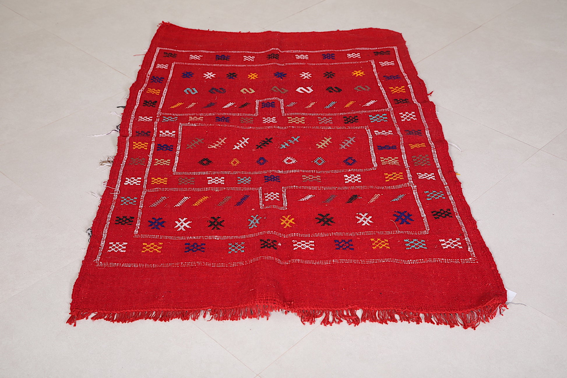 Handwoven Moroccan rug red kilim 3.2 FT X 4.7 FT