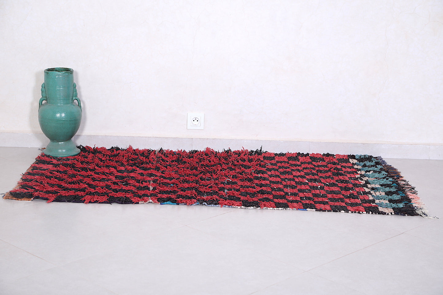 Black and Red Boucherouite rug  2.6 X 5.5 Feet